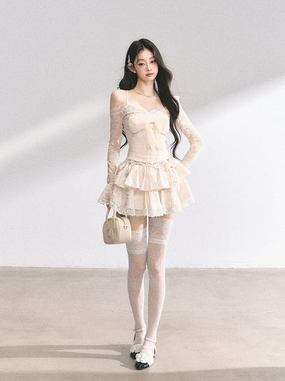 ショルダーアプリコットVネックカットアウトビッグボウフロントトップ