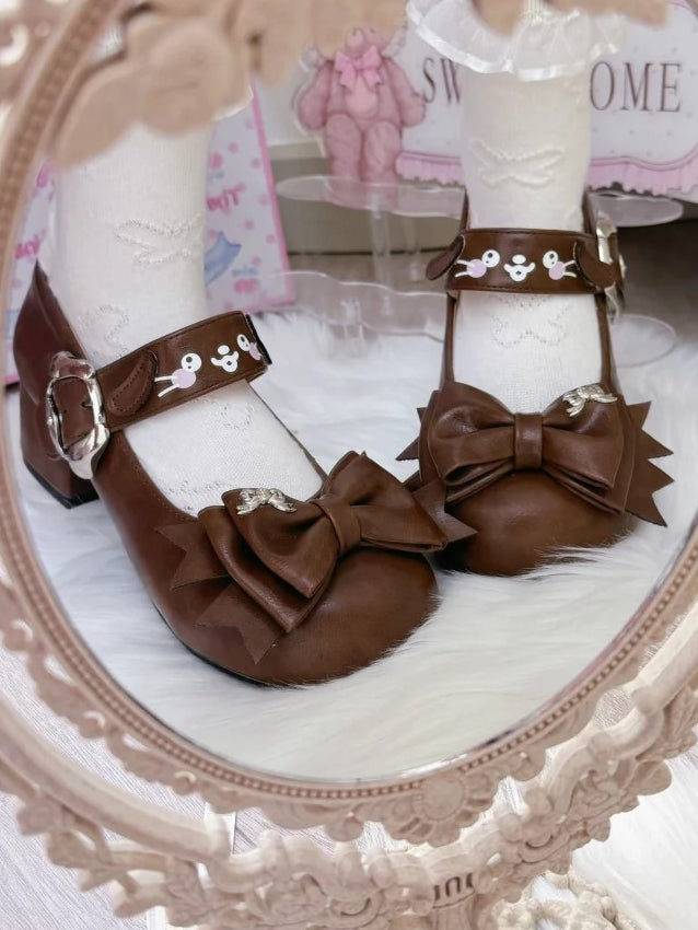 Puppy Buckle & Bow Accents PU Brown Mid Heels in Sweet Lolita