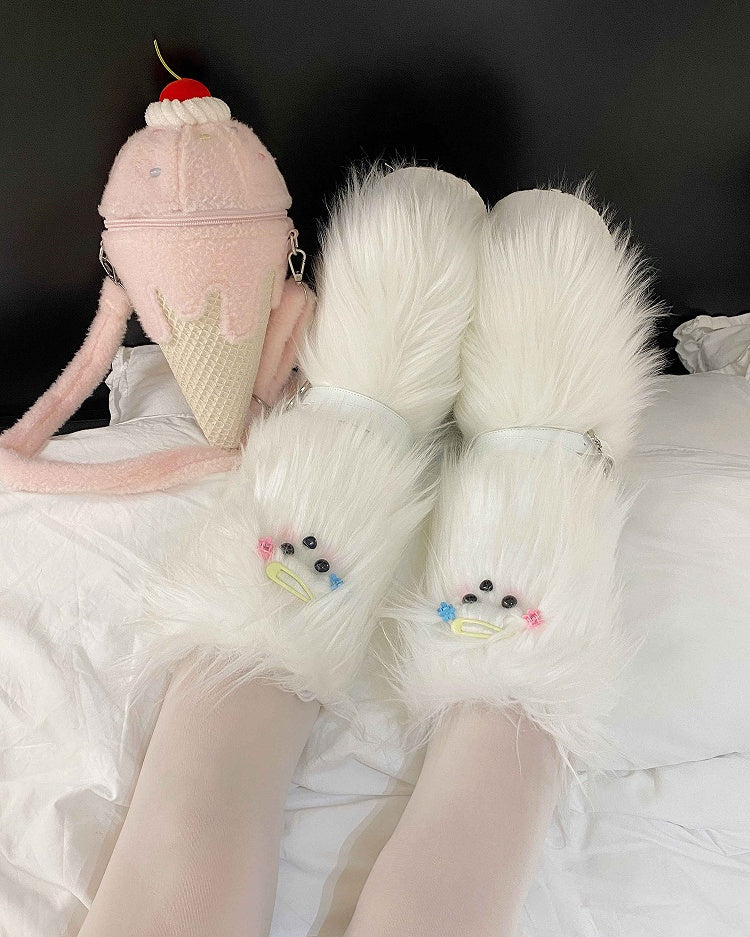 White Maltese Puppy Y2K Platform Furry Boots