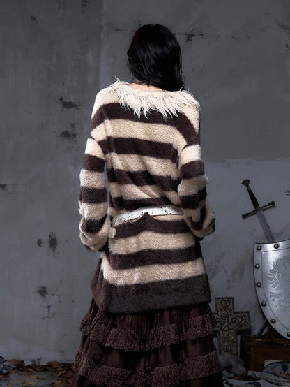 Sweater Vintage Faux Lacing Distressed Collar with Long Striped Yellow Crisscross Brown Punk Mink