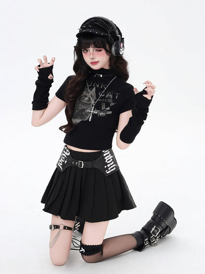 Graffiti PU Closure Pleated with Skirt Gothic Zipper Black Buckles