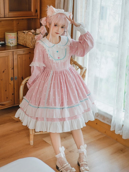 Polka Pink with Dress Ruffle Long Dot Sweet Sleeve Lolita OP Details