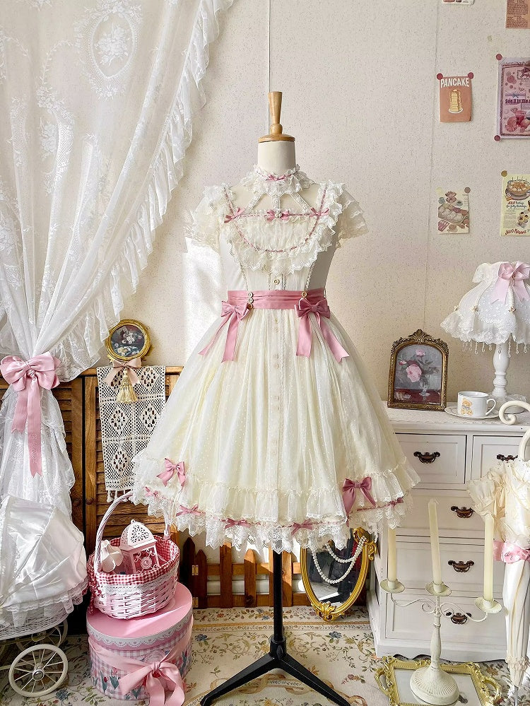 Short Lolita Dress Classic Light Version Bow with Elegant Yellow Lace and Details