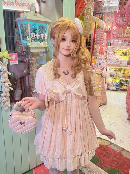 Pink Bow Polka Dot Sleeveless Bubble Dress with Lace - Tan Tuan