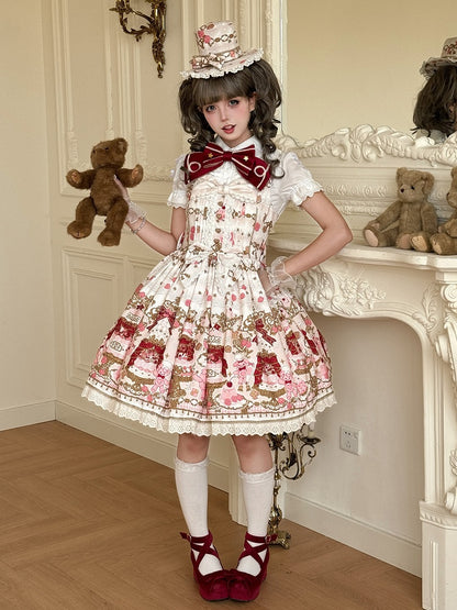 Bear Sweet Trim JSK Details Bow Dress Lace Cake Print Lolita Beige with and
