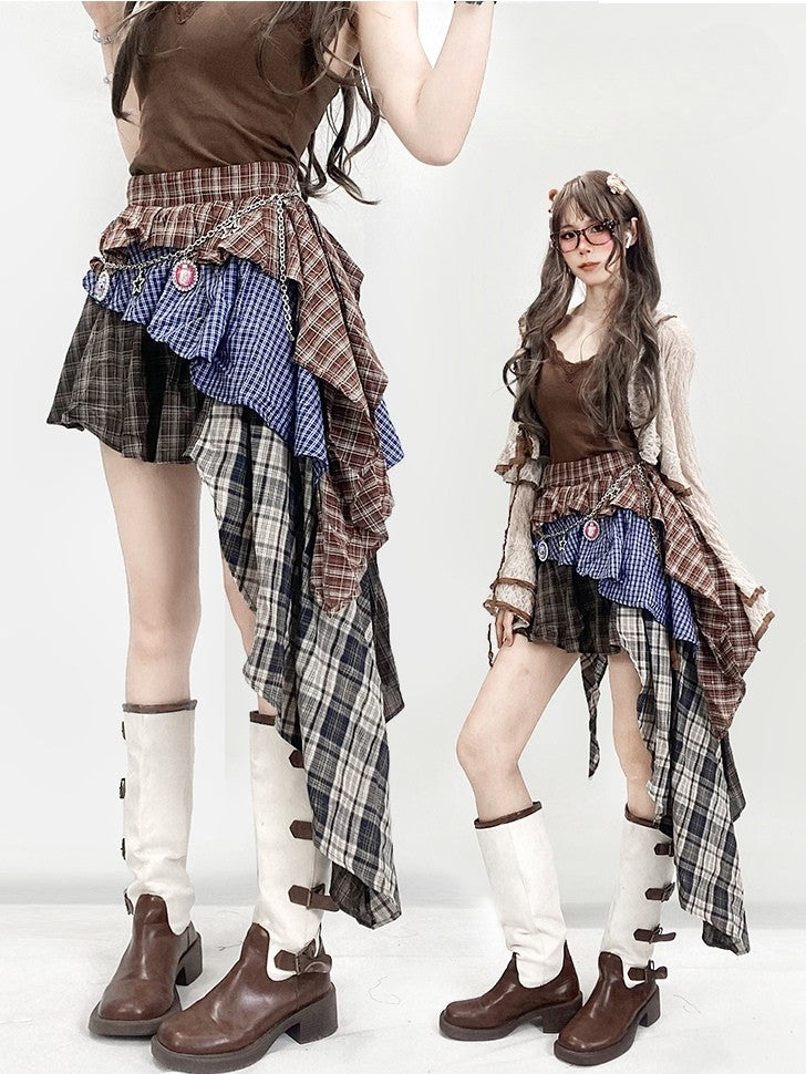 ミラードチェック柄ブラウンスカート ティアードファッション アシンメトリーヘムパターン