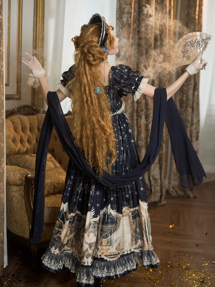 Elegant Unicorn OP Night Starry Blue Dark Set Full Empire Print Waist Lolita