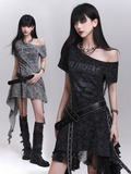 Belt Asymmetrical Neckline Cascading Ruffles Gray/Black Dress with Tie Dye Waist