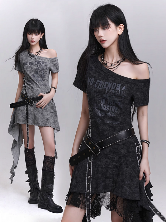 Belt Asymmetrical Neckline Cascading Ruffles Gray/Black Dress with Tie Dye Waist