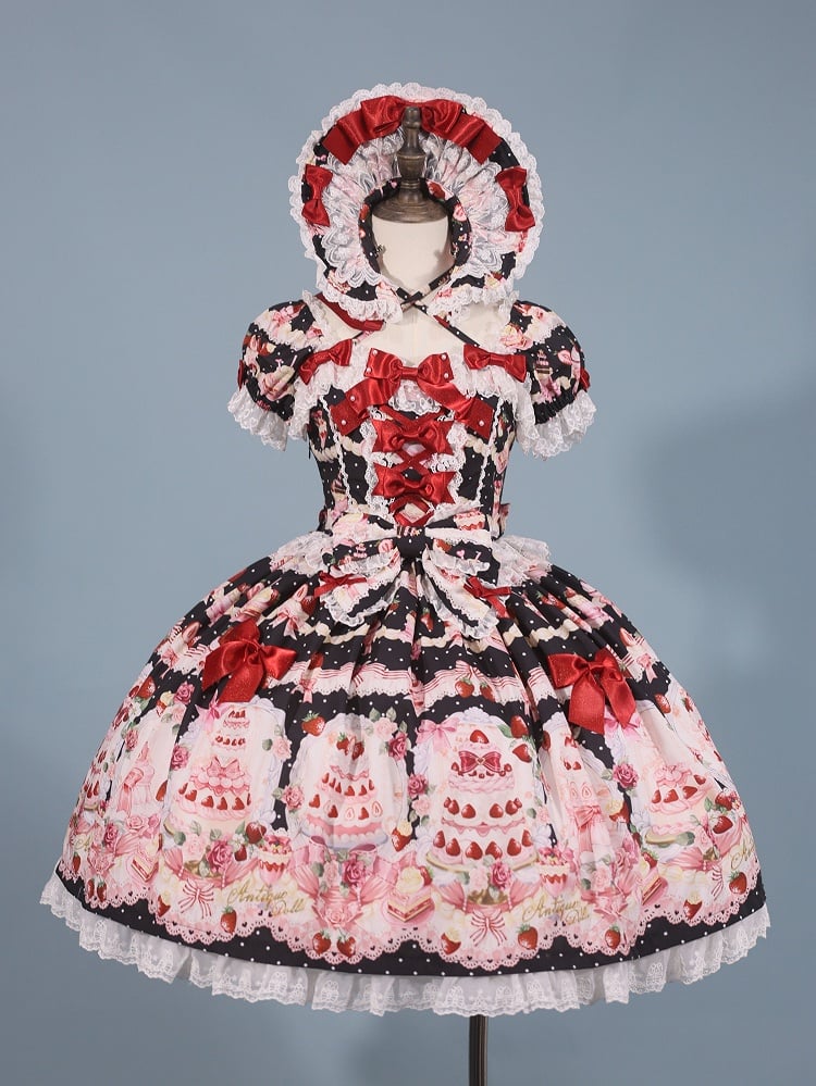 / Accents Cake Sweet Set Print Strawberry Bow Lolita Full Black Dress