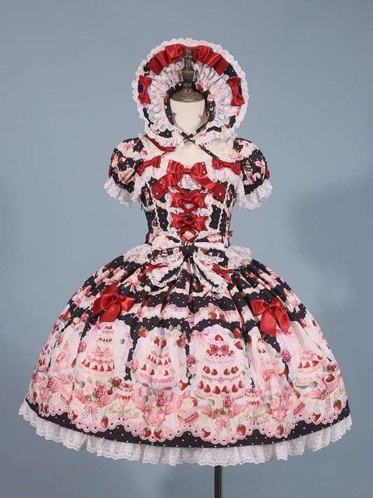 / Accents Cake Sweet Set Print Strawberry Bow Lolita Full Black Dress