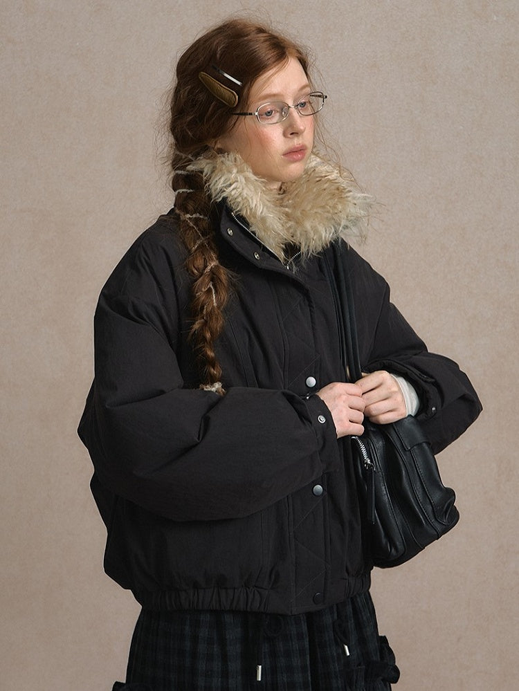 Dark Gray/Beige Cozy Short Down Jacket Fur Faux with Detachable Collar