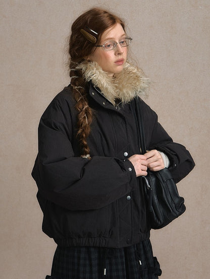 Dark Gray/Beige Cozy Short Down Jacket Fur Faux with Detachable Collar