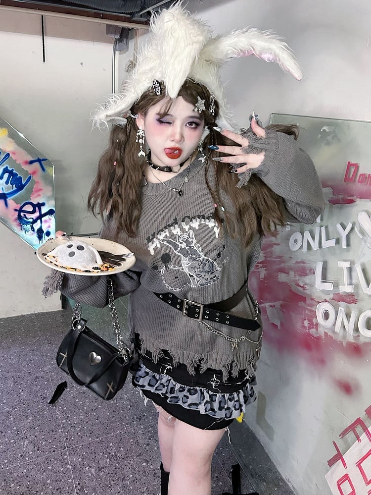 Graue Größe Kitty Plus Pullover Löcher Distressed