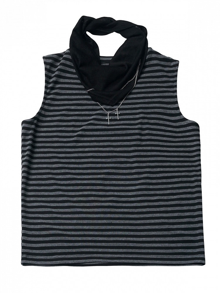 Gray Striped Tank Top with Cross Chain Scarf - PINK SAVIOR