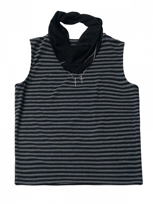 Gray Striped Tank Top with Cross Chain Scarf - PINK SAVIOR