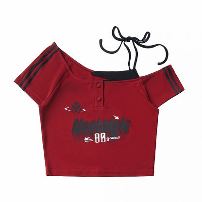 Red & Black Asymmetrical Shoulder Tee with Letter Print - PINK SAVIOR