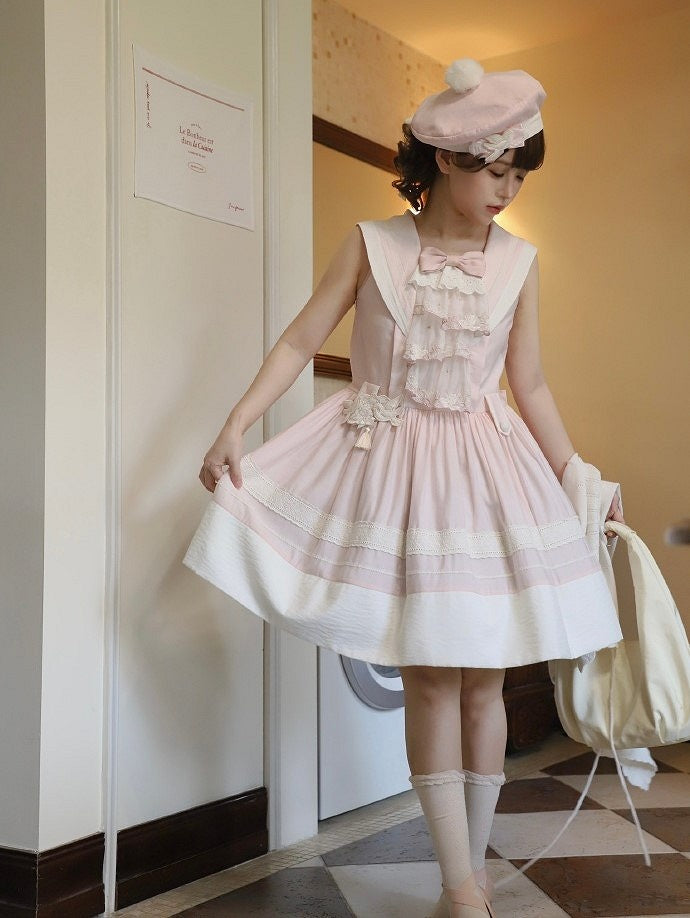 Trims Lolita Accent Beige Pink with Lace Dress and Collar Sailor Bow