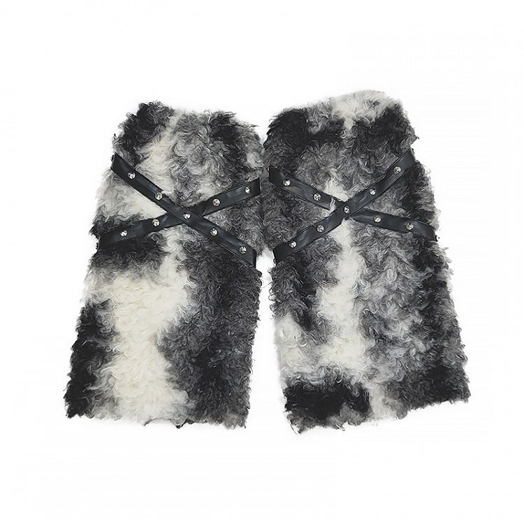 Strap Design Faux Fur Leg Warmers with Crossed Khaki Beige/Black Beige