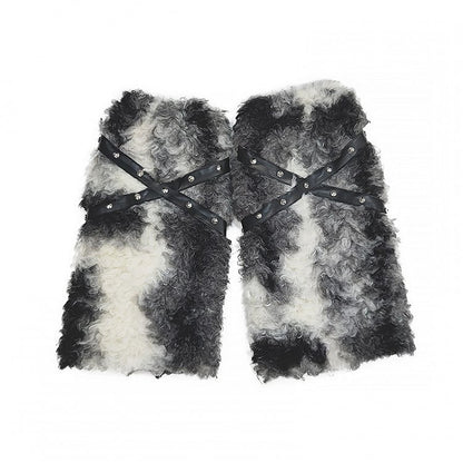 Strap Design Faux Fur Leg Warmers with Crossed Khaki Beige/Black Beige