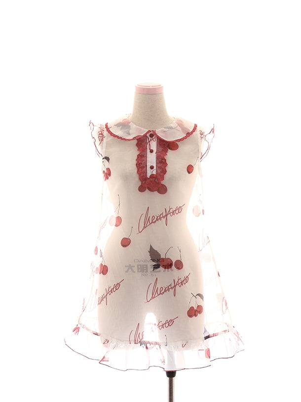Cherry Print Organza Red Belt Bow Overdress+White Set Dress+Red Pan Slip Peter Collar