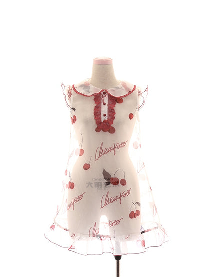 Cherry Print Organza Red Belt Bow Overdress+White Set Dress+Red Pan Slip Peter Collar