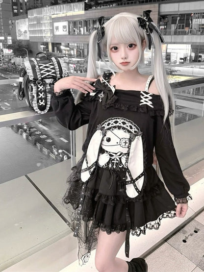 Jirai-kei Black Off Shoulder Long Sleeve Top with 3D Bunny Ears, Lace & Bows - Puppet Bombs