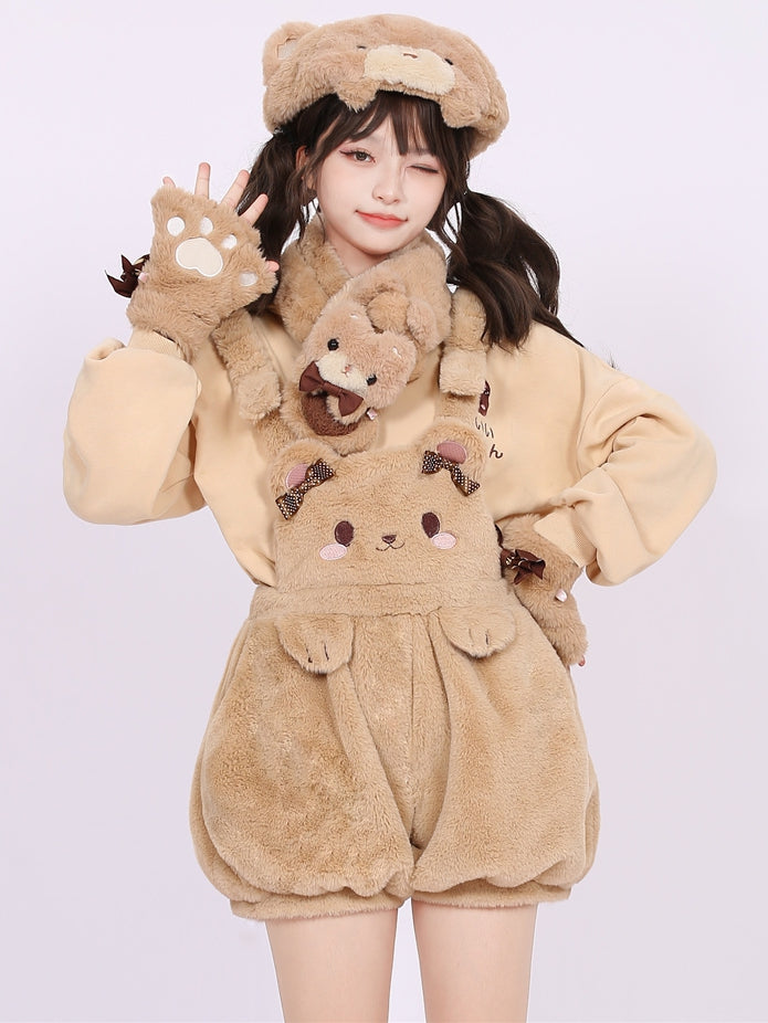 Kaffeefarbene, süße Teddybär-Kurzoverall-Shorts mit Schleifendetails