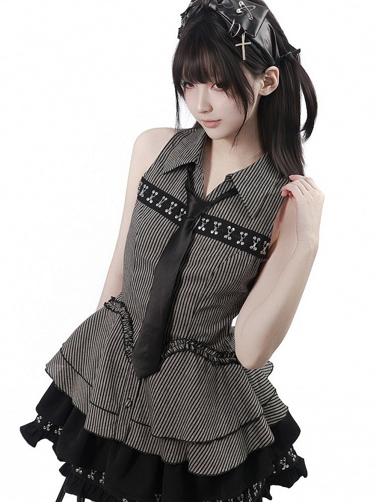Black & Gray Striped Sleeveless Shirt with Peplum Hem - PINK SAVIOR