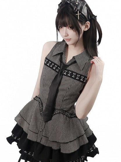Black & Gray Striped Sleeveless Shirt with Peplum Hem - PINK SAVIOR
