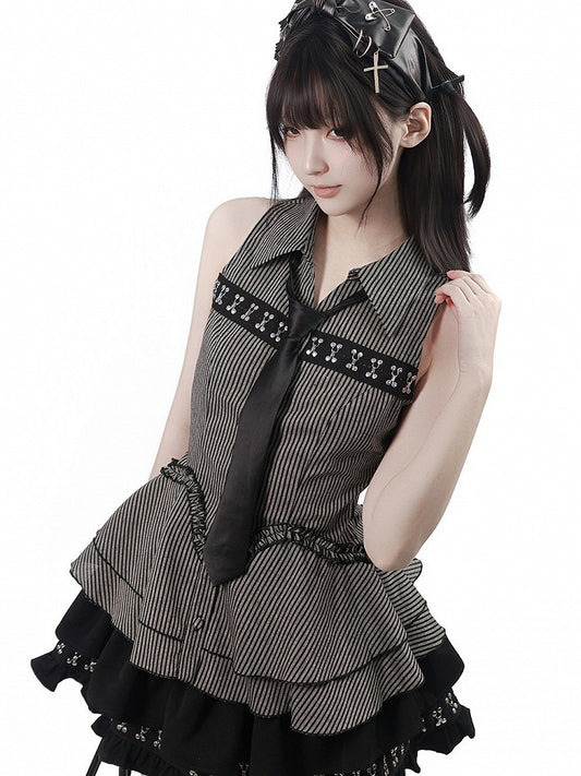 Black & Gray Striped Sleeveless Shirt with Peplum Hem - PINK SAVIOR