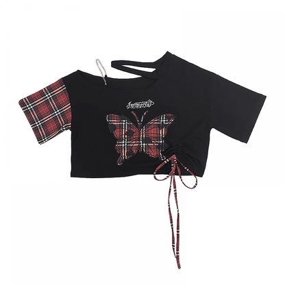 Red Butterfly Applique Black Asymmetrical Neckline T-Shirt Y2K Plaid