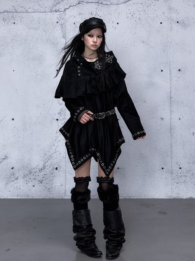 Black Asymmetrical Zipper Side Stud Skirt with 2-Way Grommet Rock Punk Accents Closure Tiered