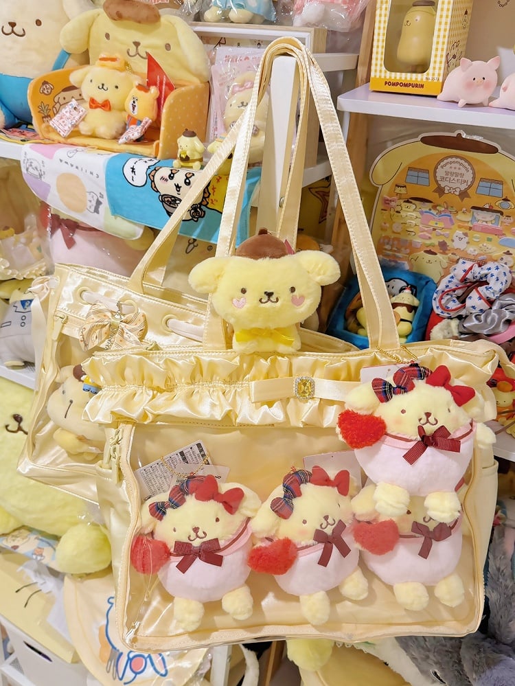 イエローのフリルトリムラインストーン蝶結びイタトートバッグ