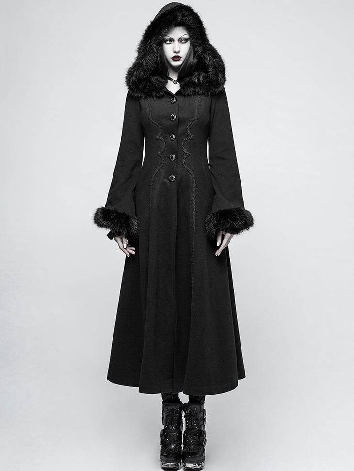 Black Gothic Long Disc Worsted Coat Flowers