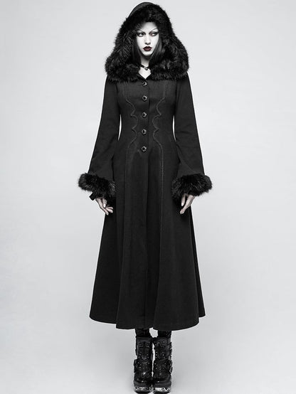 Black Gothic Long Disc Worsted Coat Flowers