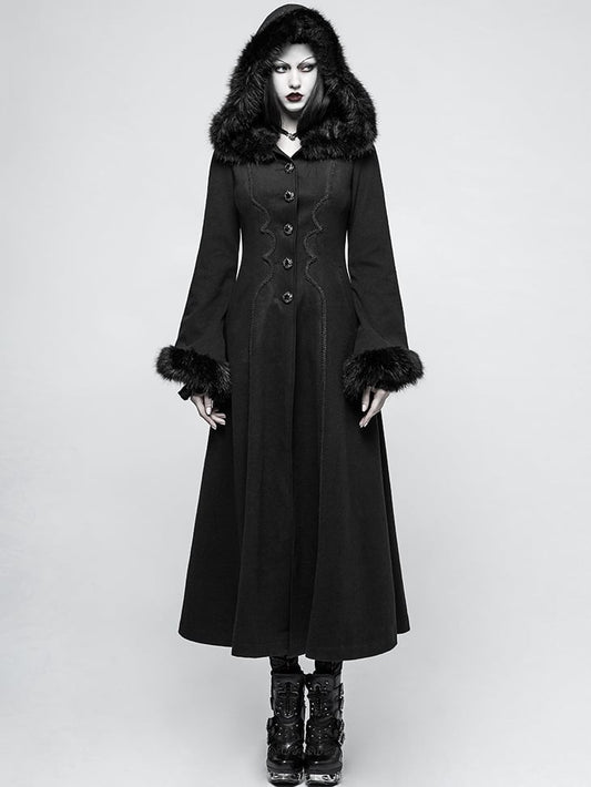 Black Gothic Long Disc Worsted Coat Flowers