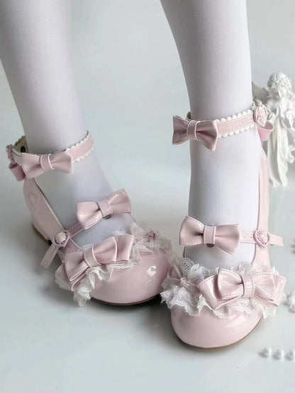 mit süßer Schleife Mary Lolita Schnallen Akzente Janes Pink Low-Heel Herz