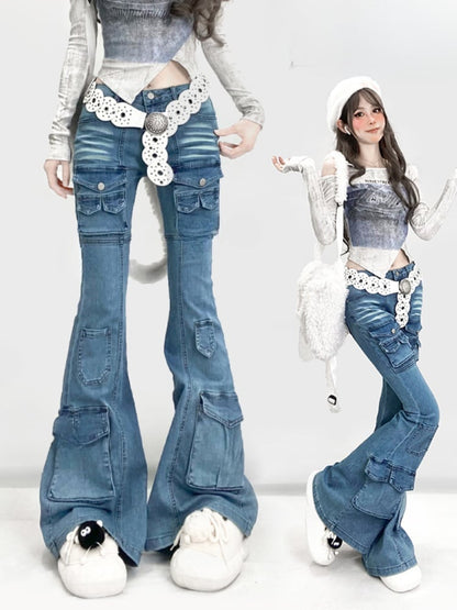 Y2K Vintage Hellblaue Low Waist Flared Denim Glamouröse Jeans mit Cargotaschen