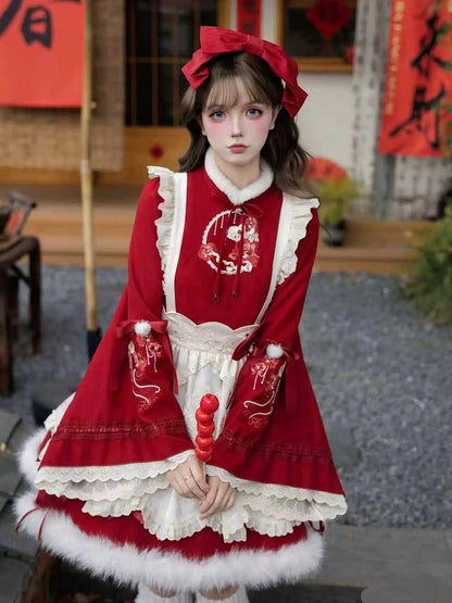 Lolita Apron Bow Han Pins Warmers + Floral Leg Red KC Brooch OP Embroidery