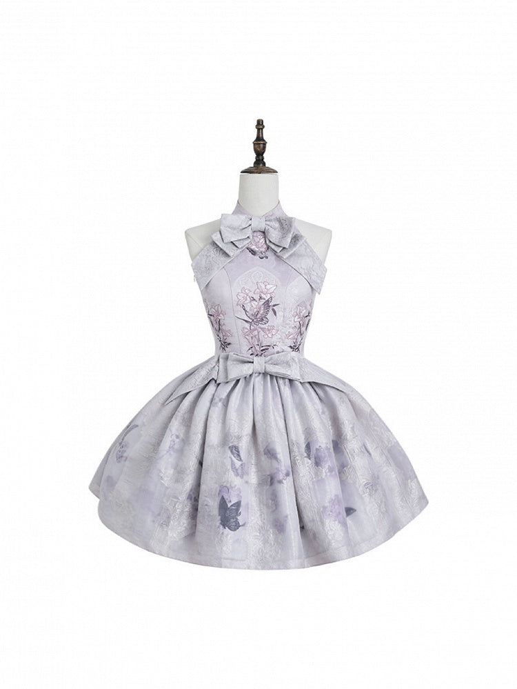 Oriental Lilac Halter Bow Floral JSK Outfit - Yimu Walnut