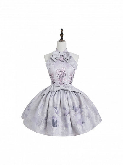 Oriental Lilac Halter Bow Floral JSK Outfit - Yimu Walnut