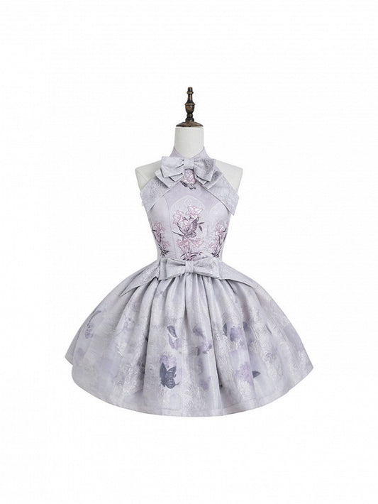 Oriental Lilac Halter Bow Floral JSK Outfit - Yimu Walnut