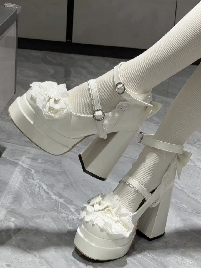 Heel Shoes Mary Lace Accents Bow Lolita Platform High with Sweet Jane and Trim White Block