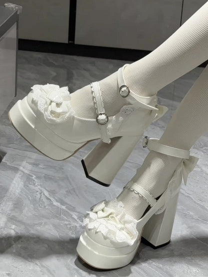 Heel Shoes Mary Lace Accents Bow Lolita Platform High with Sweet Jane and Trim White Block