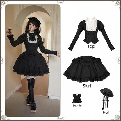 Bowtie Short and Lolita + - Sleeves Skirt Hat Classic Juliette Black White Version Elegant Set Top