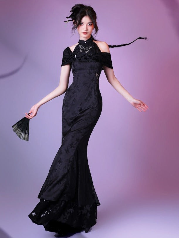 Classic Cheongsam Fish Tail Long Dress with Butterfly Cutout & Jacquard - sijinstudio