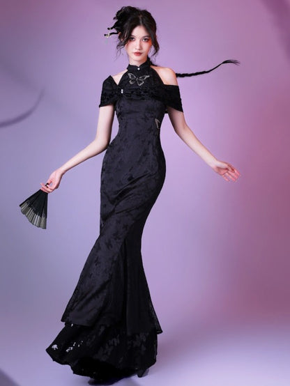 Classic Cheongsam Fish Tail Long Dress with Butterfly Cutout & Jacquard - sijinstudio