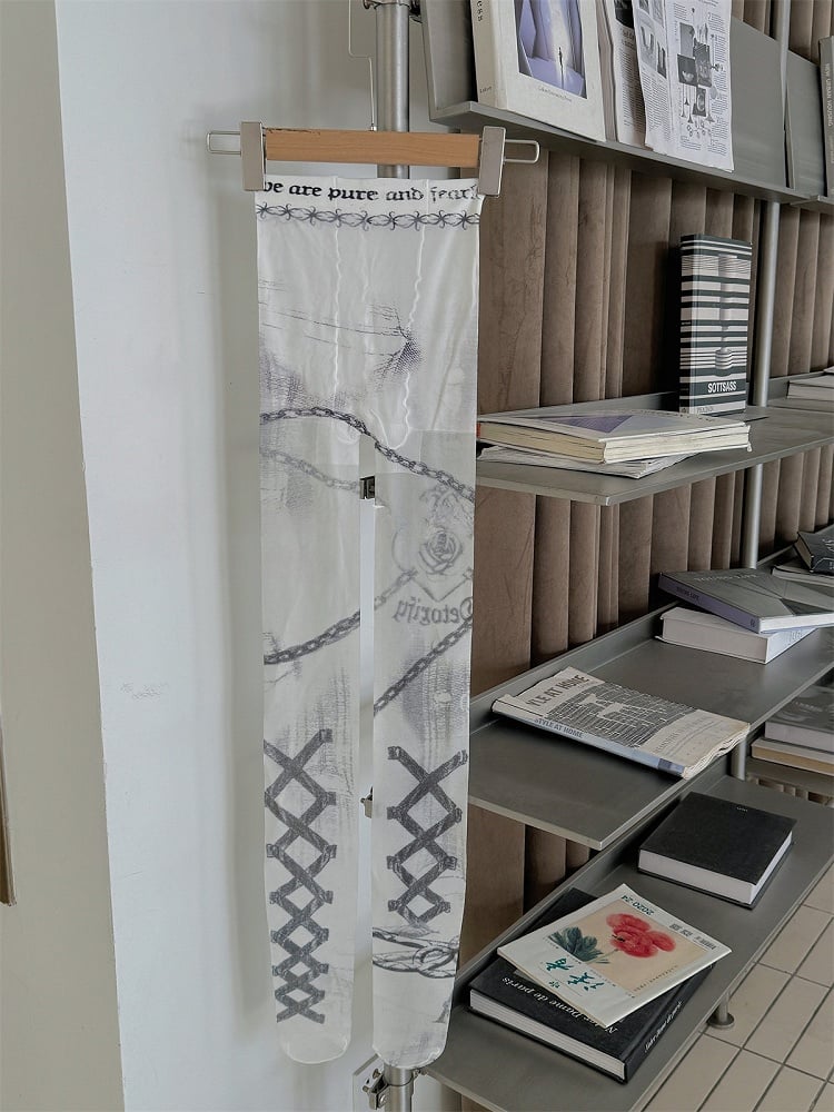 Asymmetrical Grunge Print Tights - Edgy Artistic Tattoo Style, Nude & White