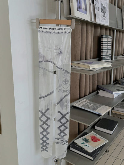 Asymmetrical Grunge Print Tights - Edgy Artistic Tattoo Style, Nude & White